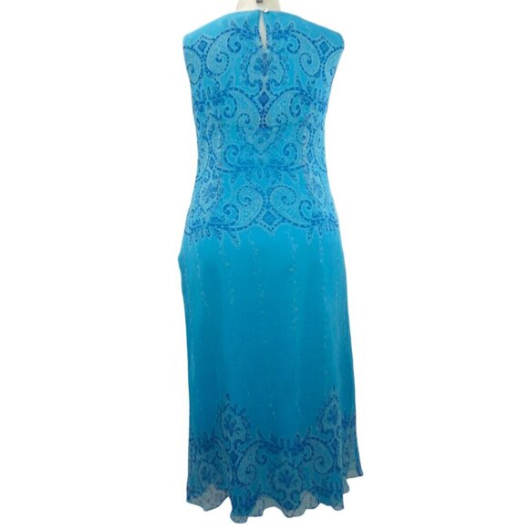 Coldwater Creek Blue Silk Midi Dress Damask Paisley Floral Vines (Misses 14) - Picture 5 of 10